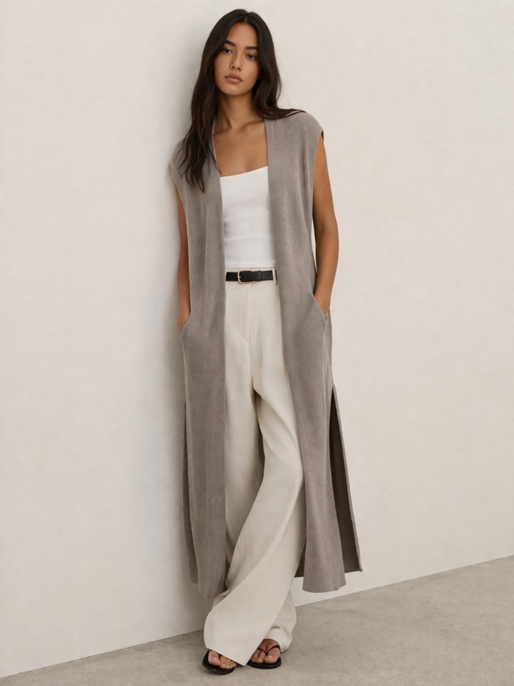 Wilfred Aritzia Longline Knit Vest Duster Taupe Open Front Sleeveless Cardigan